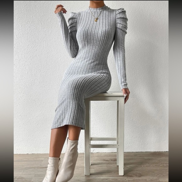 Elegant Mock Neck Puff Long Sleeve Ribbed Knit Bodycon Dress - Picture 8 of 16